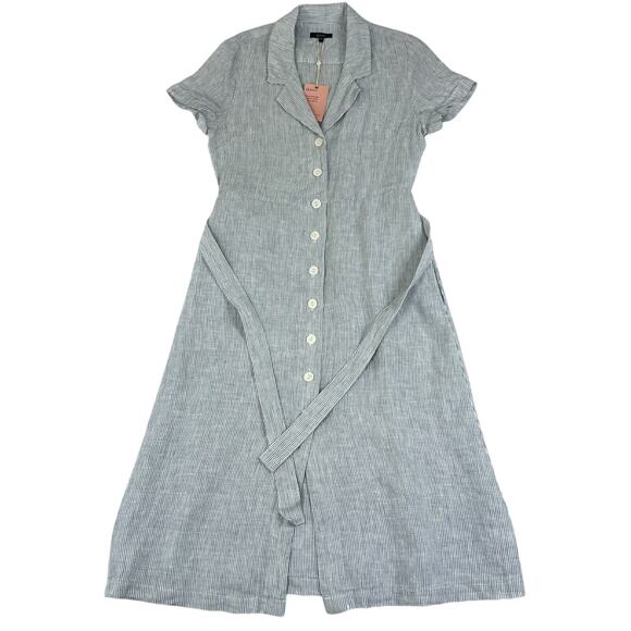 Quince Dress Womens S European Linen Pinstriped Button Collared Belted NWT - Picture 1 of 9